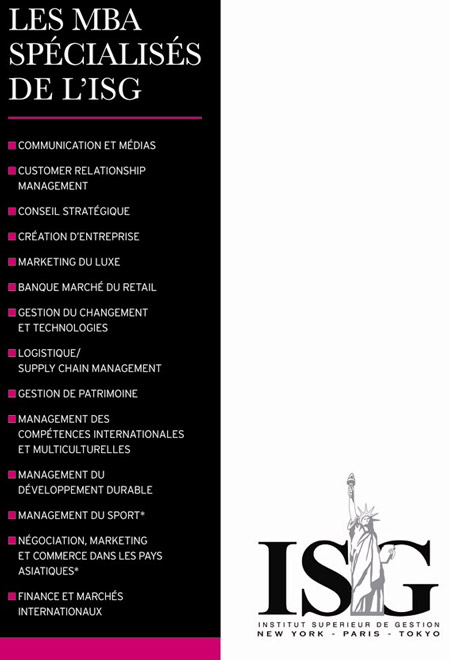 14 nouveaux MBA Sp�cialis�s � l'ISG pour le rentr�e 2008